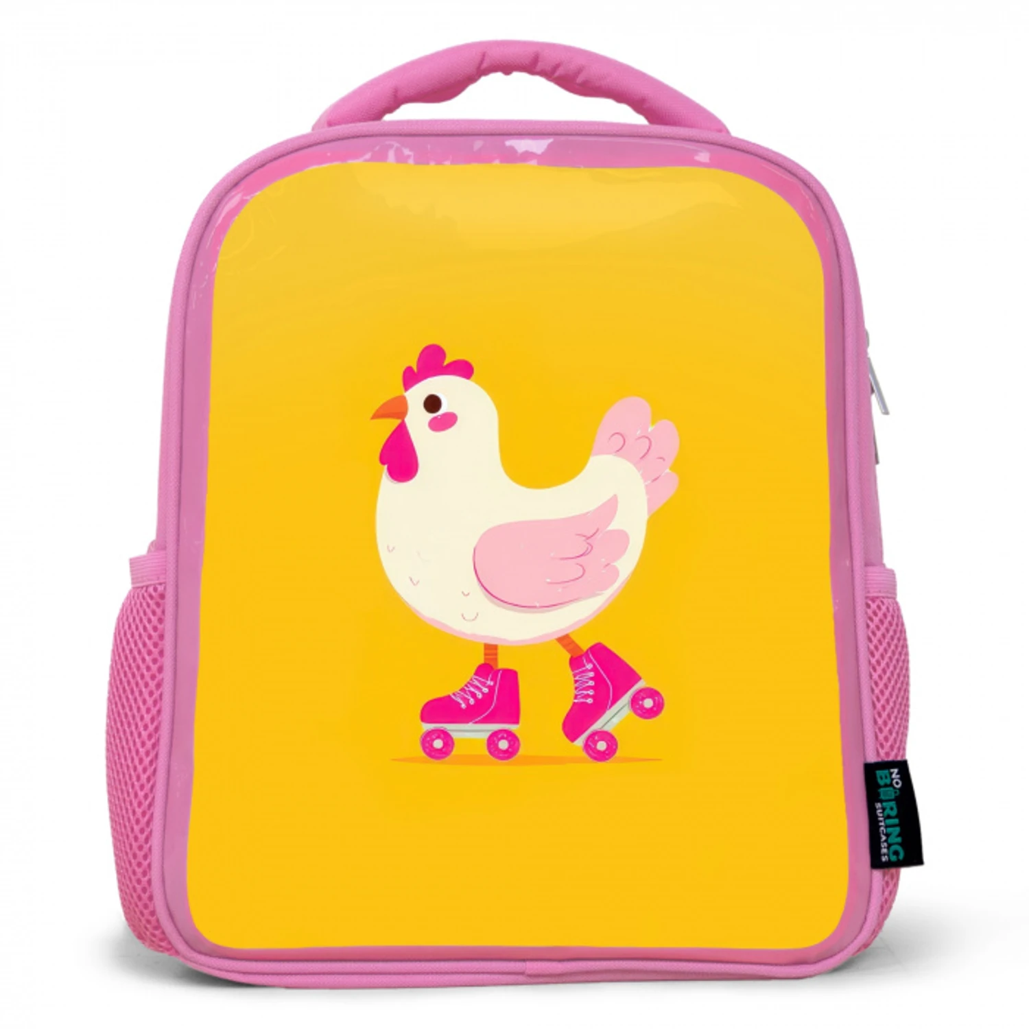 Kip - Rolschaatsen - Geel Kinderrugzak - Roze middel -3d