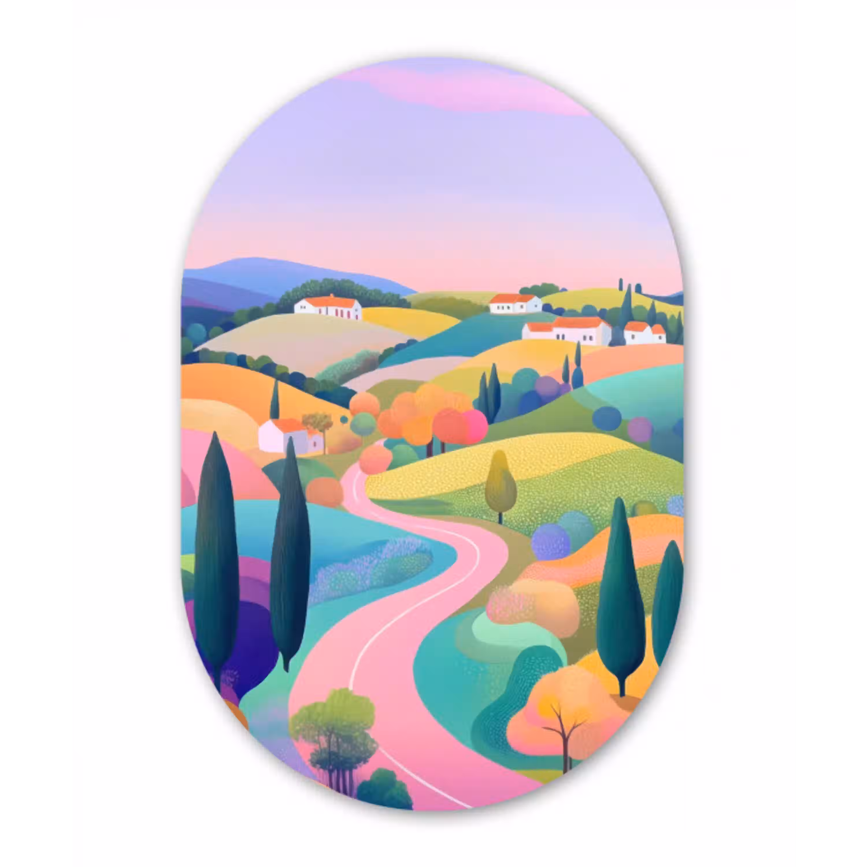 Landschap - Paars - Pastel - Huizen Wandcirkel Ovaal Aluminium middel -3d