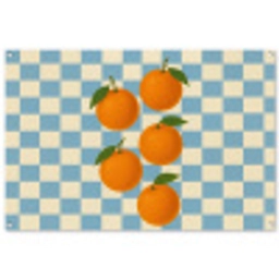 Sinaasappels - Blaadjes - Geblokt - Blauw tuinposter los doek groot -3d