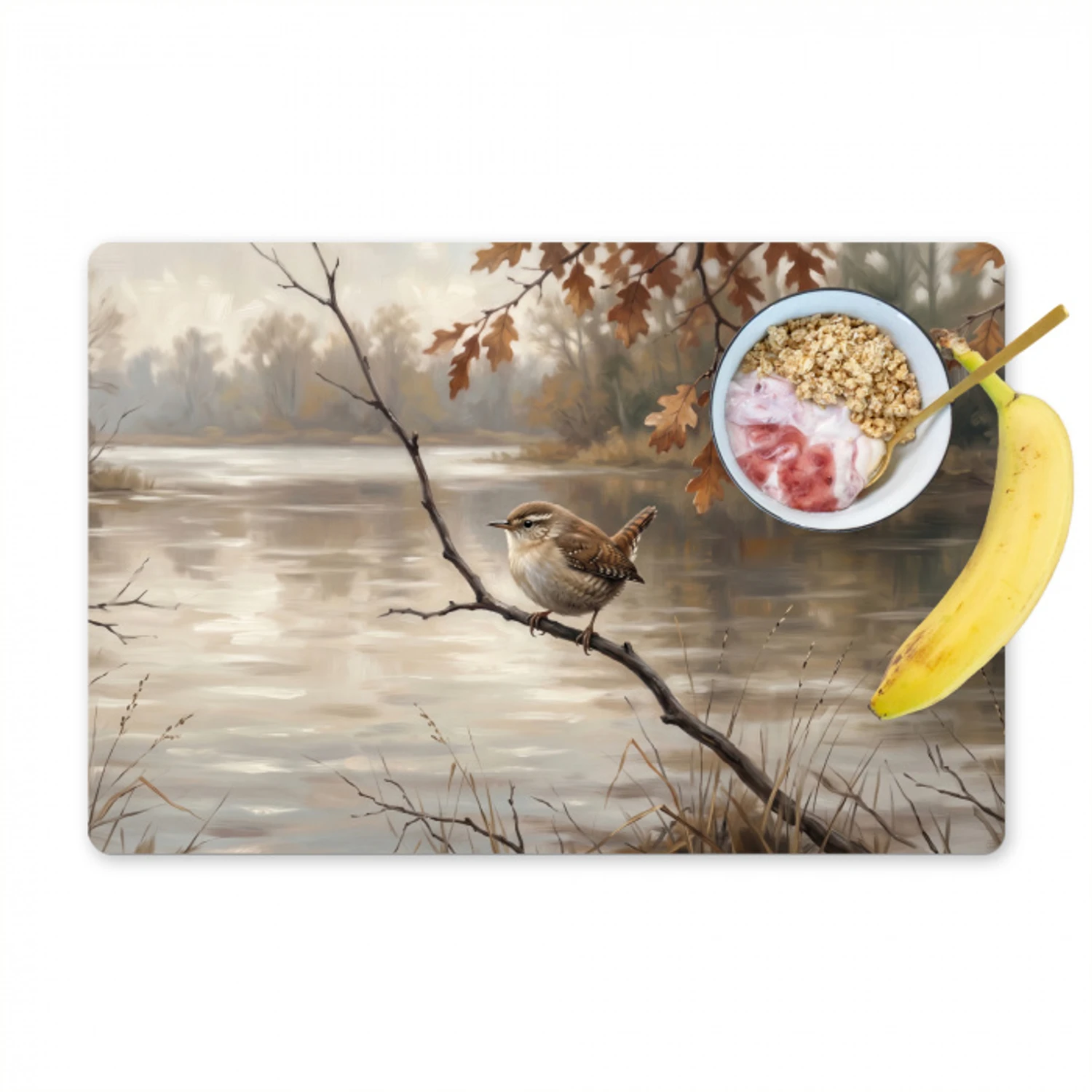 Winterkoninkje - Tak - Rivier - Natuur - Sfeervol Placemat vinyl groot -zzzproduct_Kitchenyeah-website