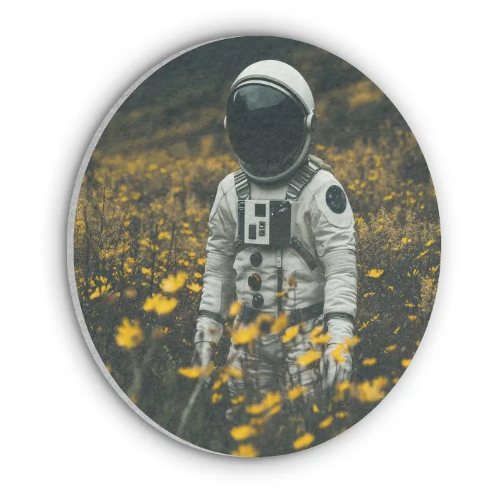 Astronaut - Bloemen - Veld - Geel Akoestische PET Vilt - Rond klein -3d