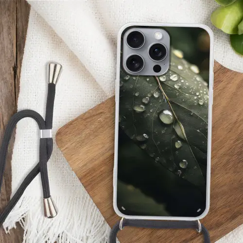 Blad - Groen - Nerven - Regendruppels Hoesje iPhone 16 Pro Max met koord klein -sfeer4