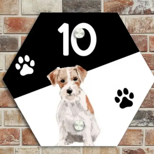 Zwart wit - Huisdier - Jack Russel Naambord Hexagon klein -sfeer2