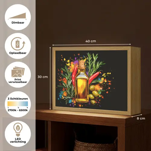 Olijfolie - Graffiti - Peper - Olijven - Modern Light Box met batterij (Wandlamp) middel -USP_websiteoverzichtNL