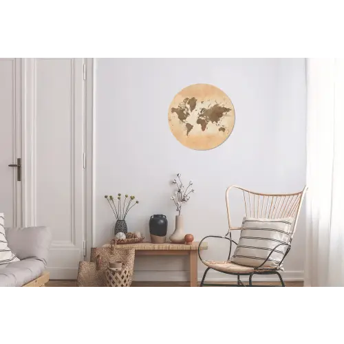 Wereldkaart - Beige - Bruin Wandcirkel aluminium klein -woonkamer