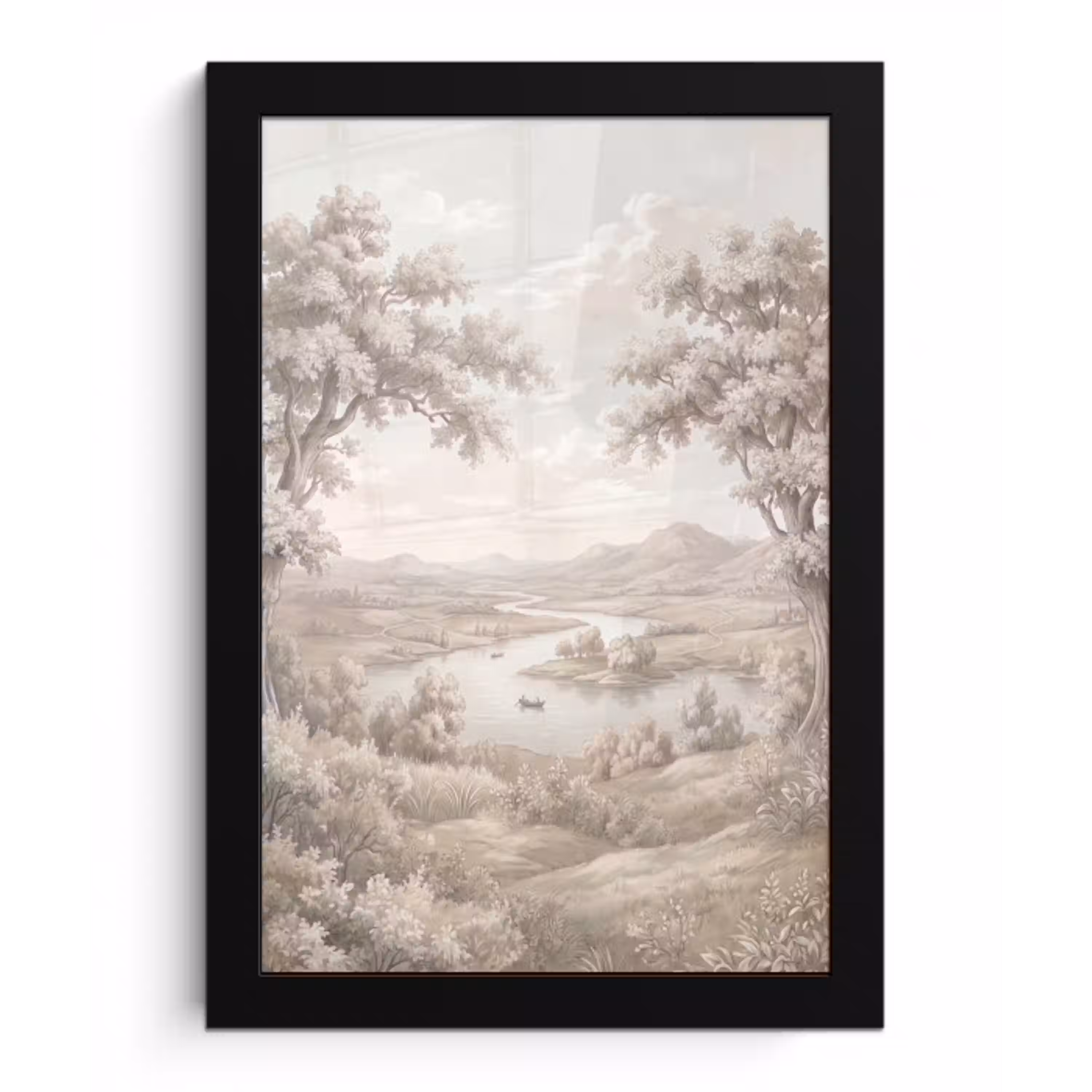 Rivierlandschap - Bergen - Natuur - Vintage - Beige fotolijst zwart zonder passe partout klein -3d