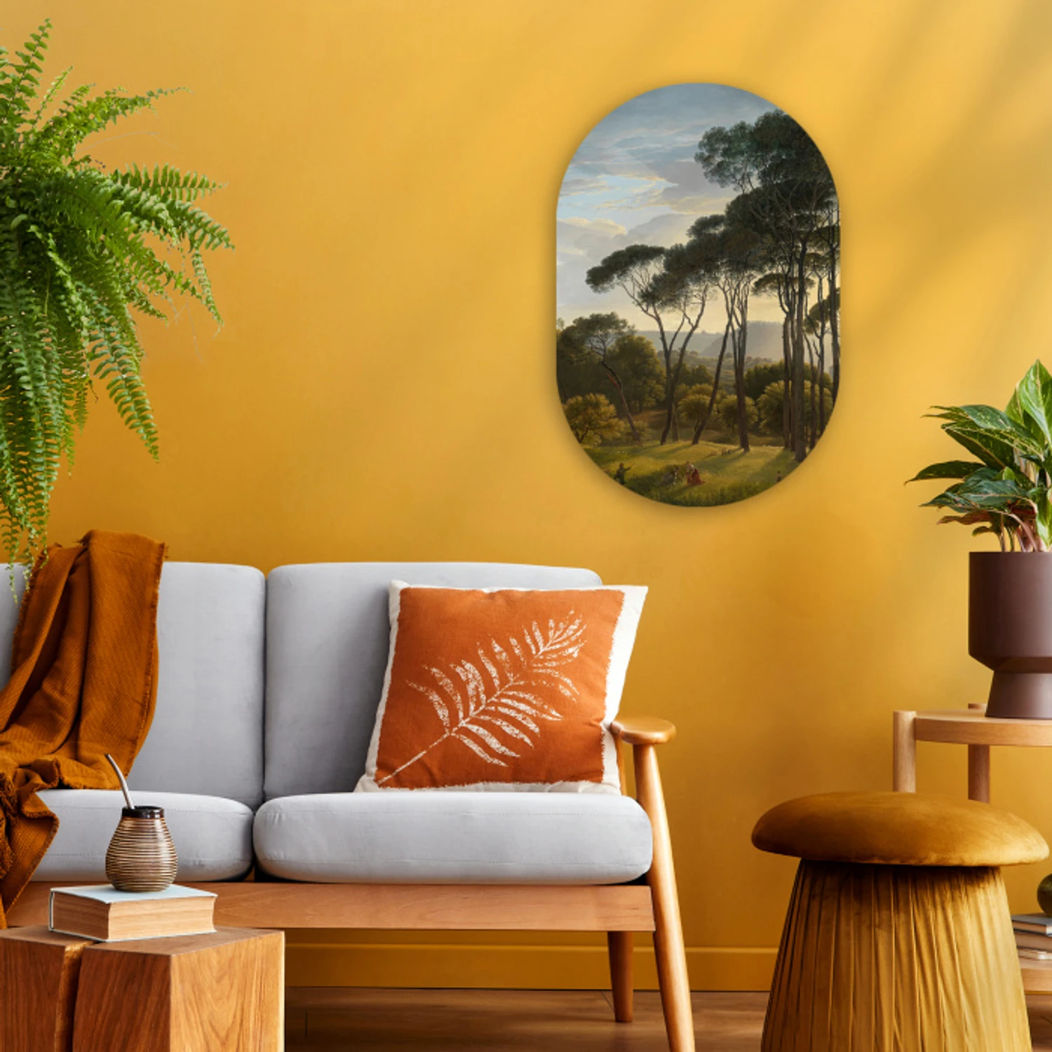 Italiaans landschap met parasoldennen - Schilderij van Hendrik Voogd Wandcirkel Ovaal Forex klein -sfeer4