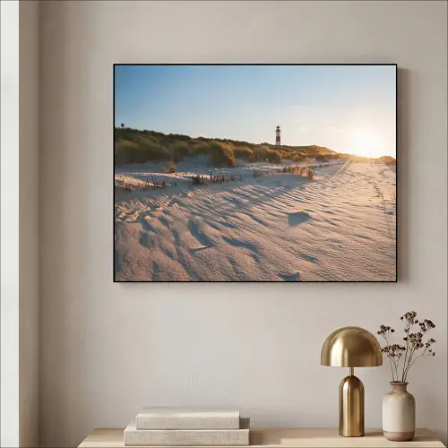 Zon - Duinen - Strand - Vuurtoren Textielframe zwart klein -sfeer2