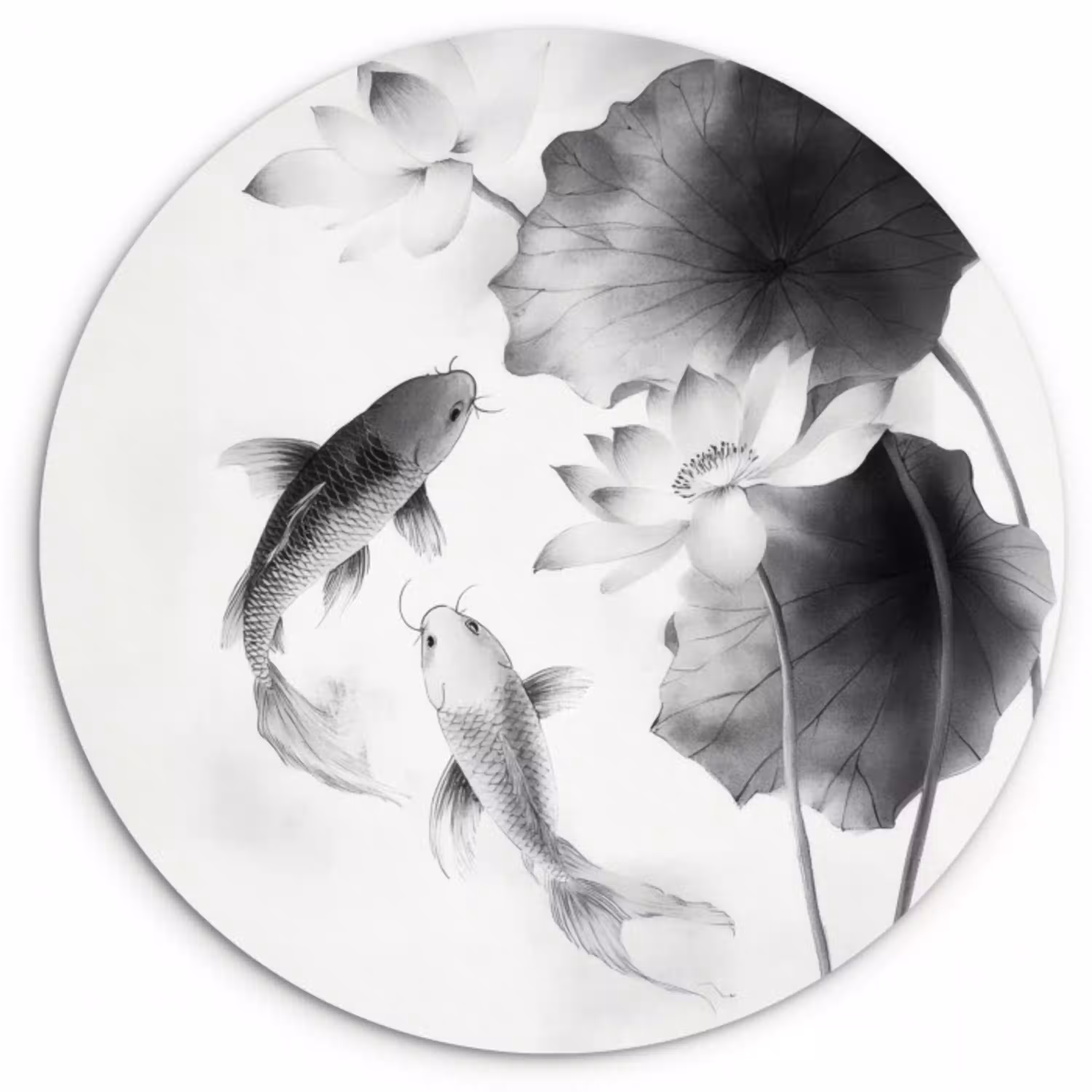 Lotusbloemen - Vissen - Bladeren - Zwart Wandcirkel plexiglas klein -3d