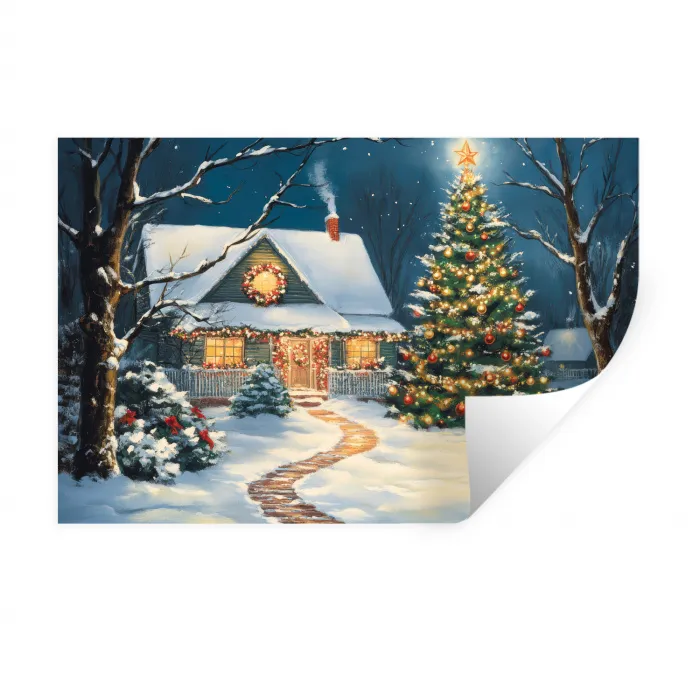 Kerst - Kerstboom - Winter - Huis - Sneeuw Muursticker klein -3d