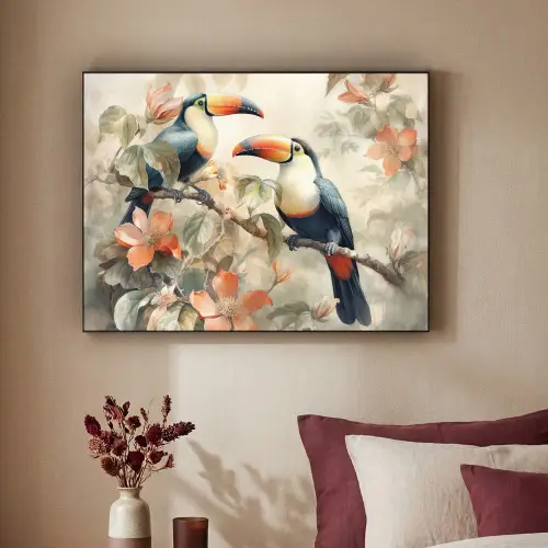 Toekan - Vogels - Bloemen - Tak Textielframe zwart klein -sfeer1