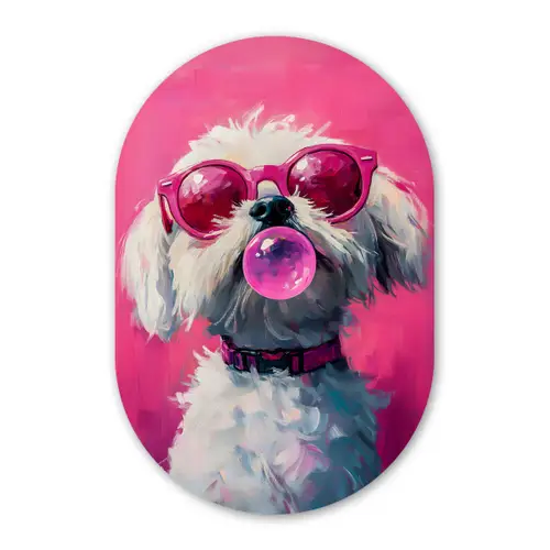 Pink - Hond - Bubbel Wandcirkel Ovaal Forex klein -3d