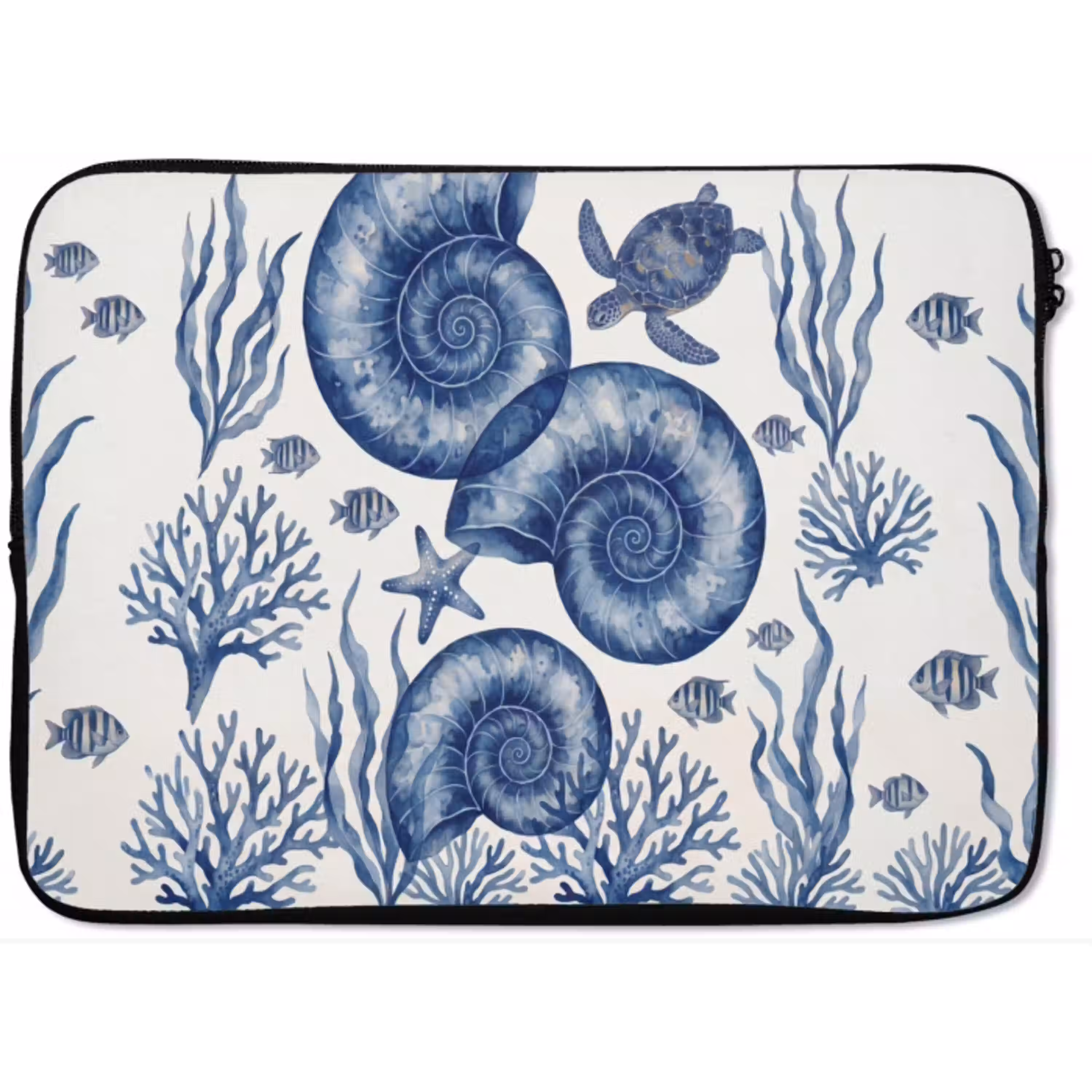 Schelp - Spiraal - Zeeleven - Aquarel - Blauw laptophoes neopreen klein -zkaufland3dotto