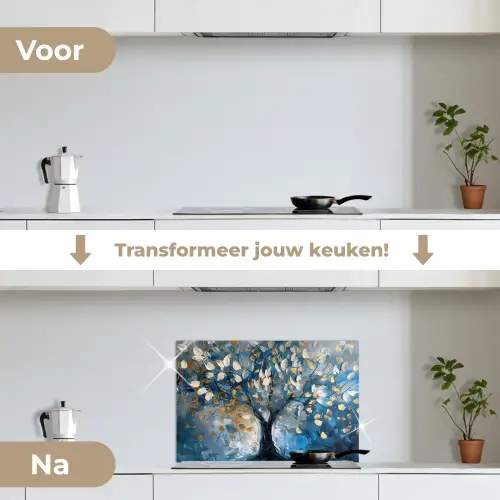 Boom - Blauw - Goud - Abstract keuken achterwand spatscherm klein -voor_na_NL
