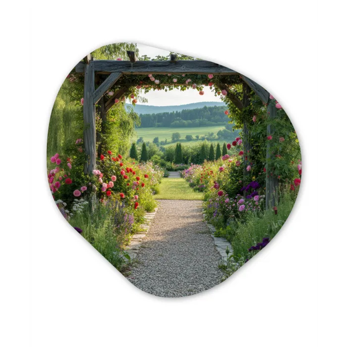 Doorkijk - Landschap - Natuur - Tuinboog - Bloemen Wandcirkel Organisch Aluminium middel -3d