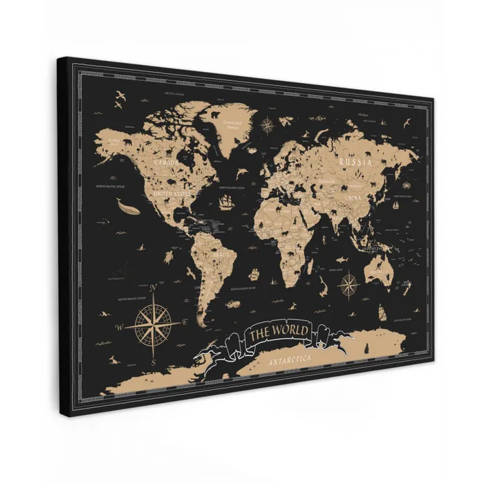 Wereldkaart - Beige - Zwart canvas 2cm klein -z3d