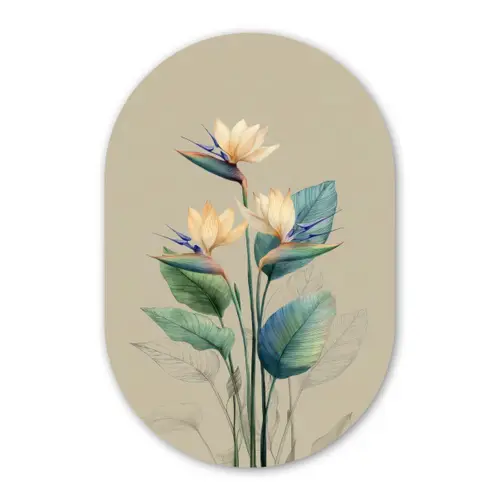 Paradijsvogelbloemen - Blauwgroene bladeren - Beige Wandcirkel Ovaal Forex klein -3d