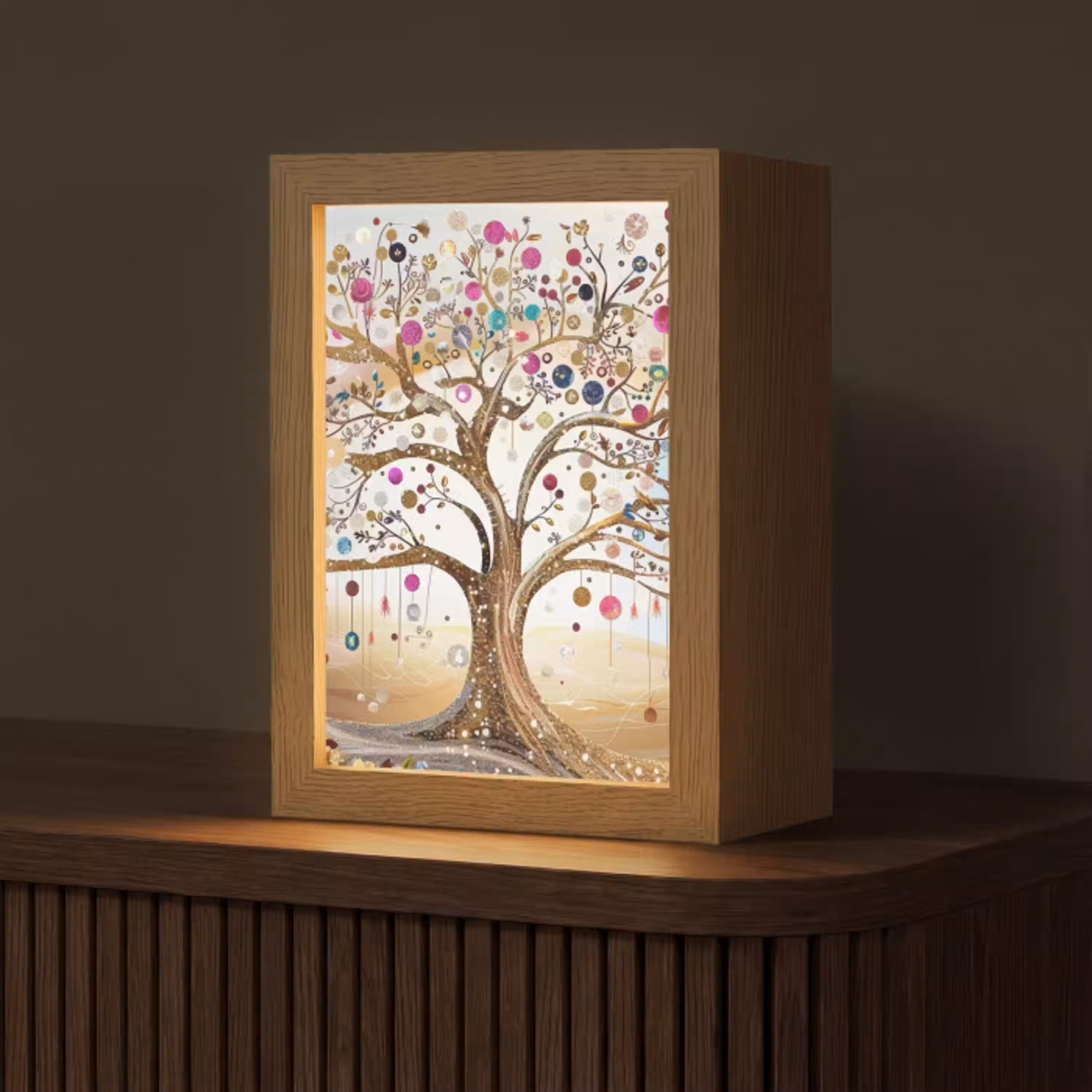 Levensboom - Goud - Kleurrijk - Abstract - Aesthetic Light Box met kabel (Tafellamp) klein -z3d_website