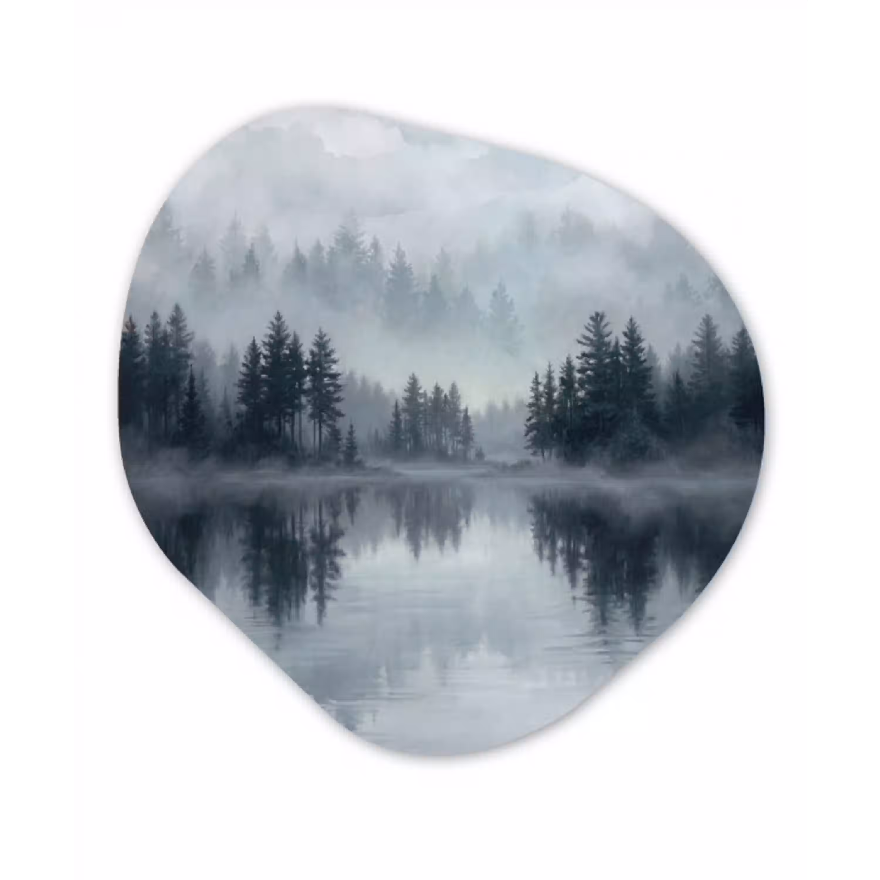 Bos - Meer - Mist - Natuur - Grijs Wandcirkel Organisch Aluminium middel -3d