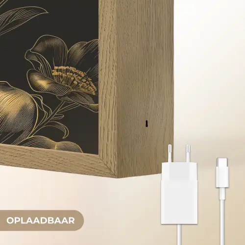 Bloemen - Zwart - Goud - Line art Light Box met batterij (Wandlamp) middel -USP_websiteoplaadbaarNL