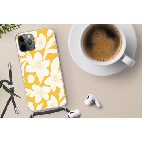 Bloemen - Patroon - Geel - Wit Hoesje iPhone 12 Pro met koord klein -oordop