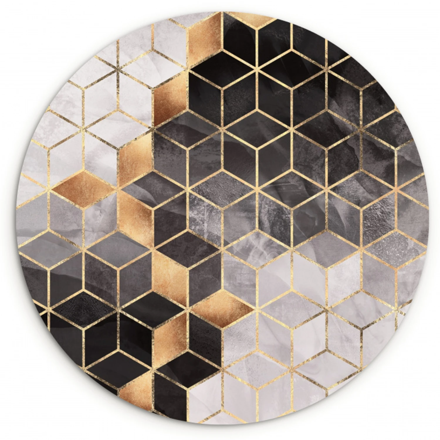 Abstract - Kubus - Goud - Patronen - Zwart - Wit Wandcirkel kunststof plaat 5mm dik klein -3d