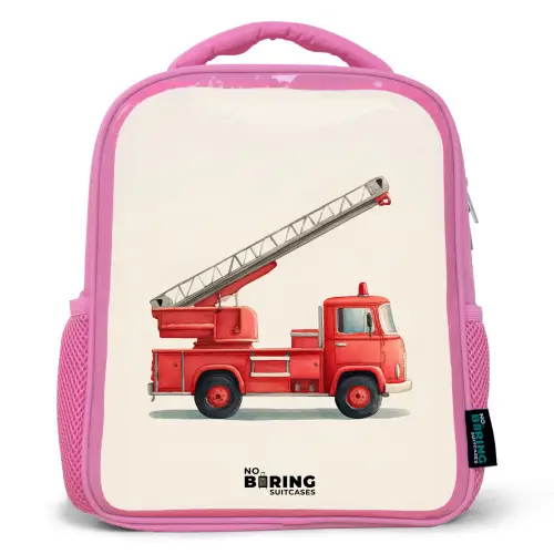 Brandweerwagen - Getekend - Rood Kinderrugzak - Roze middel -3d