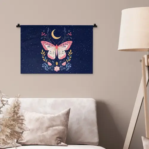 Vlinder - Maan - Bloemen - Sterrenhemel Wandkleed katoen klein -sfeer4