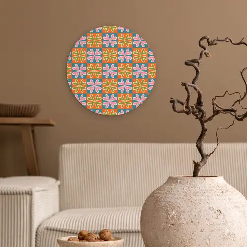 Bloemen - Retro - Patroon - Kleurrijk Wandcirkel plexiglas klein 852 -sfeer1