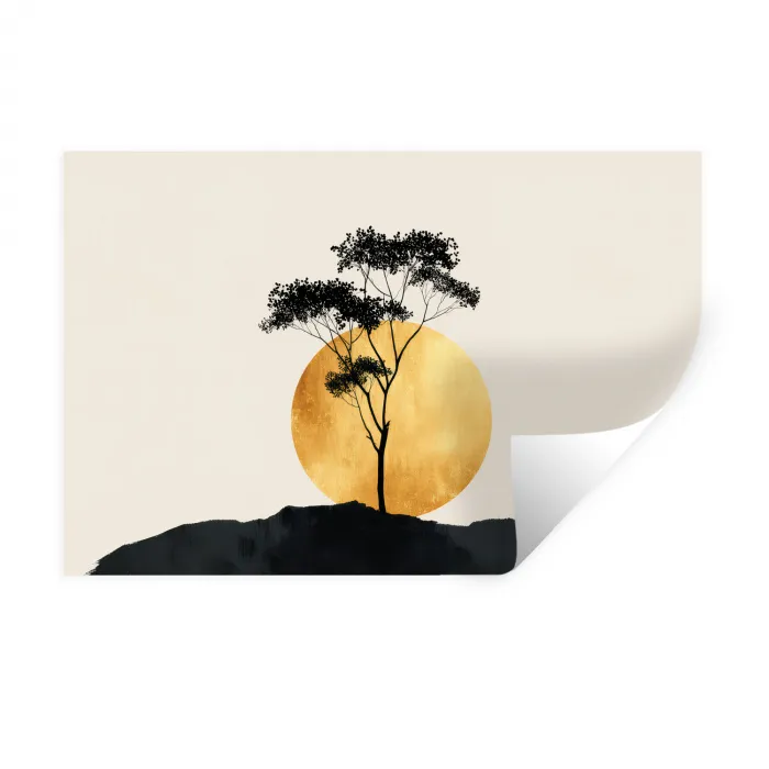 Zwarte boom - Gouden cirkel - Heuvel Muursticker klein -3d