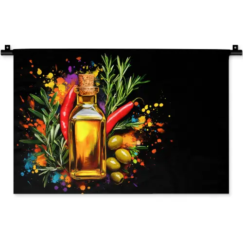 Olijfolie - Graffiti - Peper - Olijven - Modern Wandkleed katoen klein -zz3d