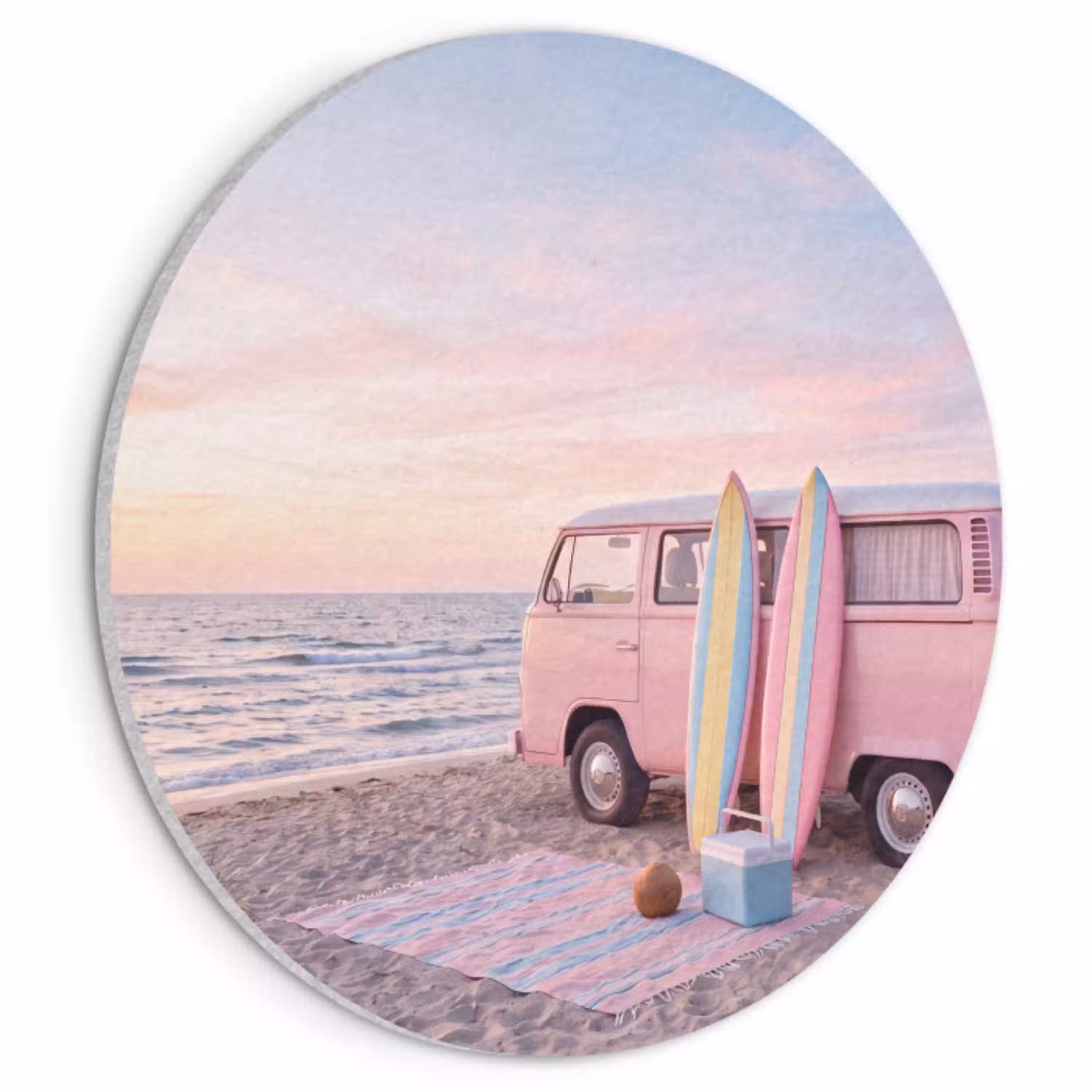 Busje - Strand - Surfplank - Zomer - Roze Akoestische PET Vilt - Rond klein -3d