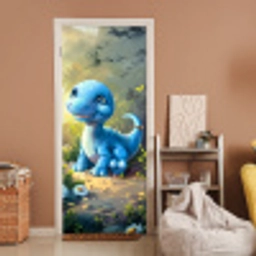 Dino - Blauw - Baby - Dinosaurus deurposter klein -sfeer1