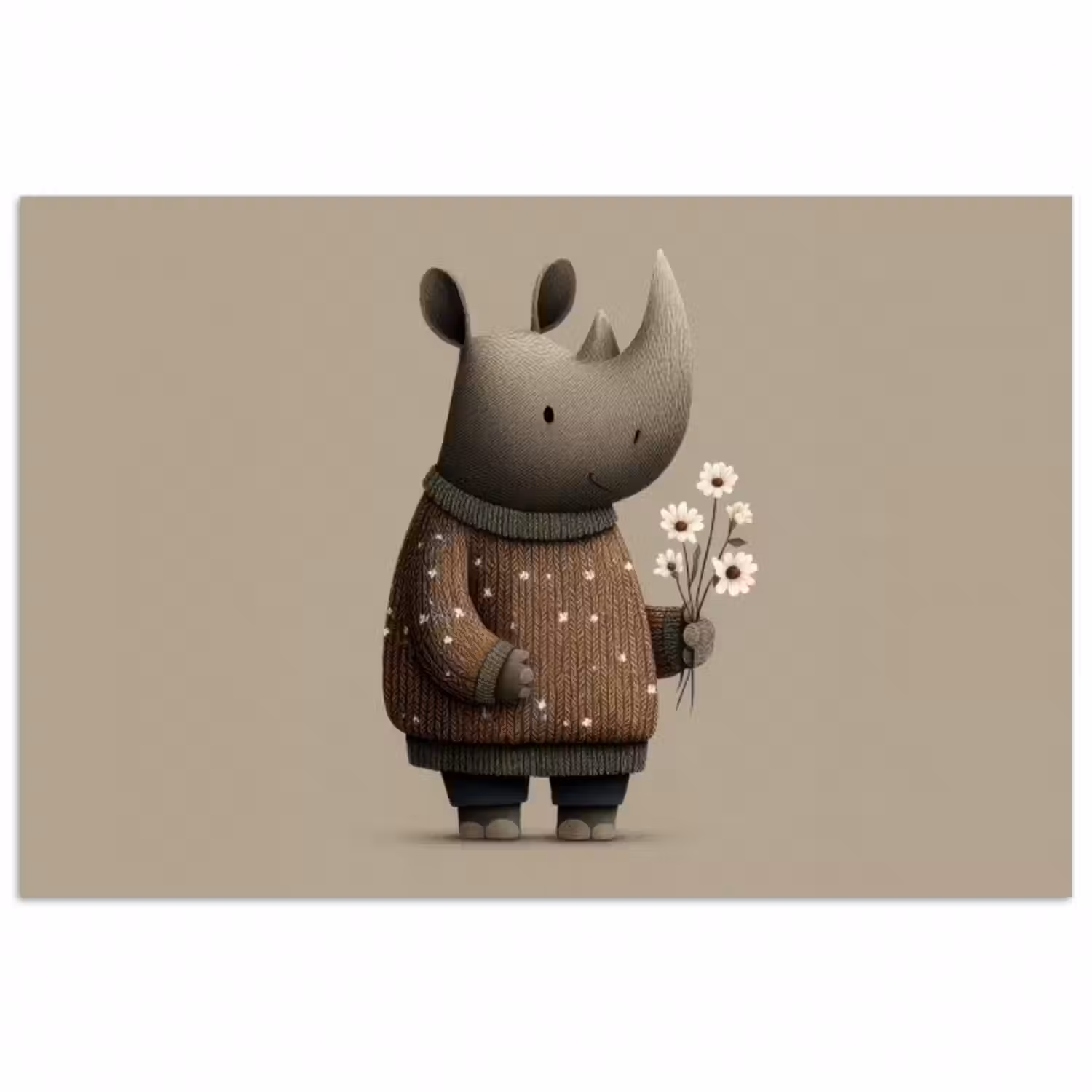 Poster - Rhinozeros - Weiße Blumen - Süß