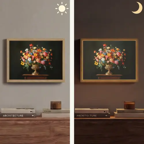 Goud - Bloemen - Kleuren - Vaas Light Box met batterij (Wandlamp) middel -sfeer3