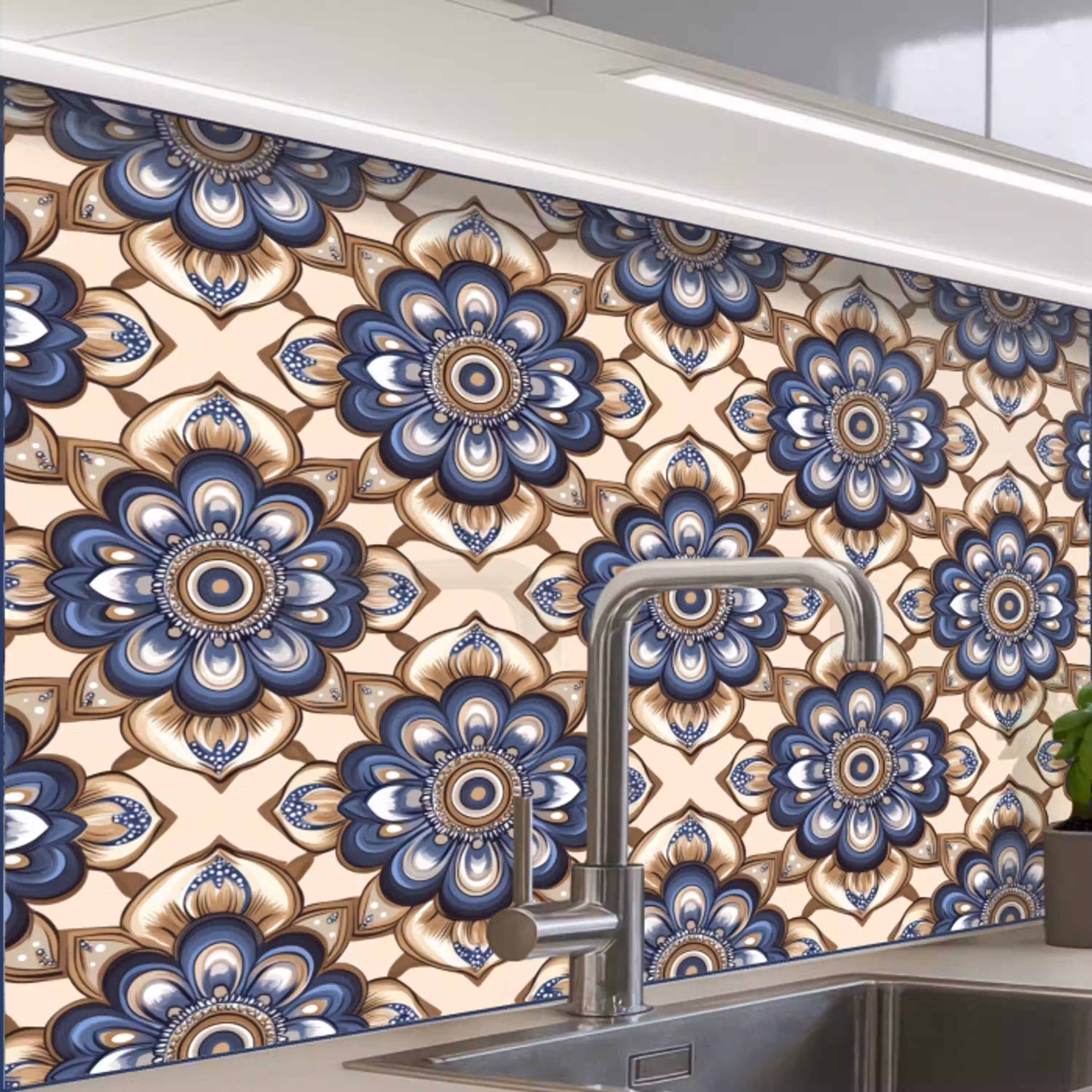 Floraal - Ornament - Blauw keuken achterwand 2 middel 865 -zzzz3d_schuin