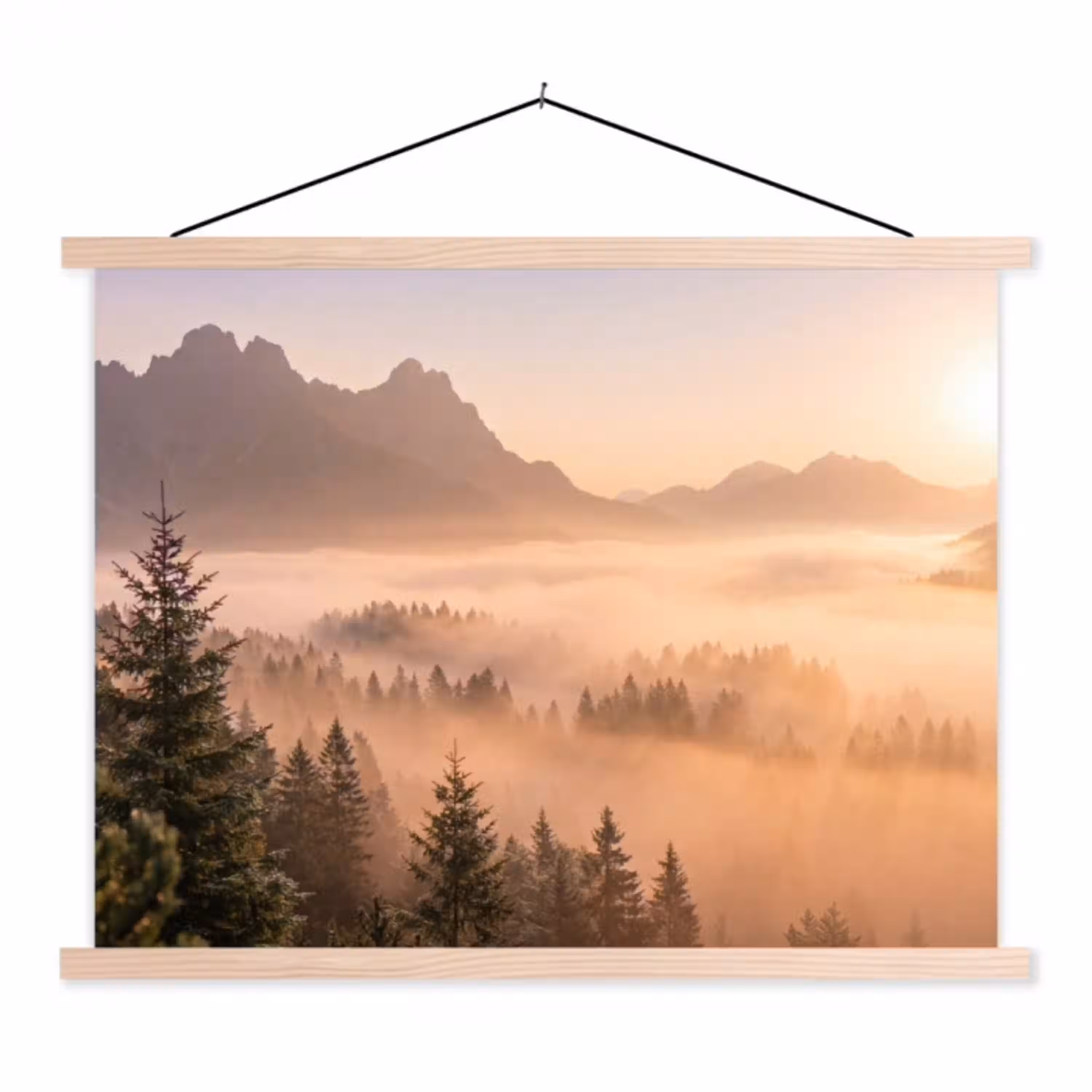 Zonlicht - Mist - Bergen - Bomen textielposter latten blank klein -3d