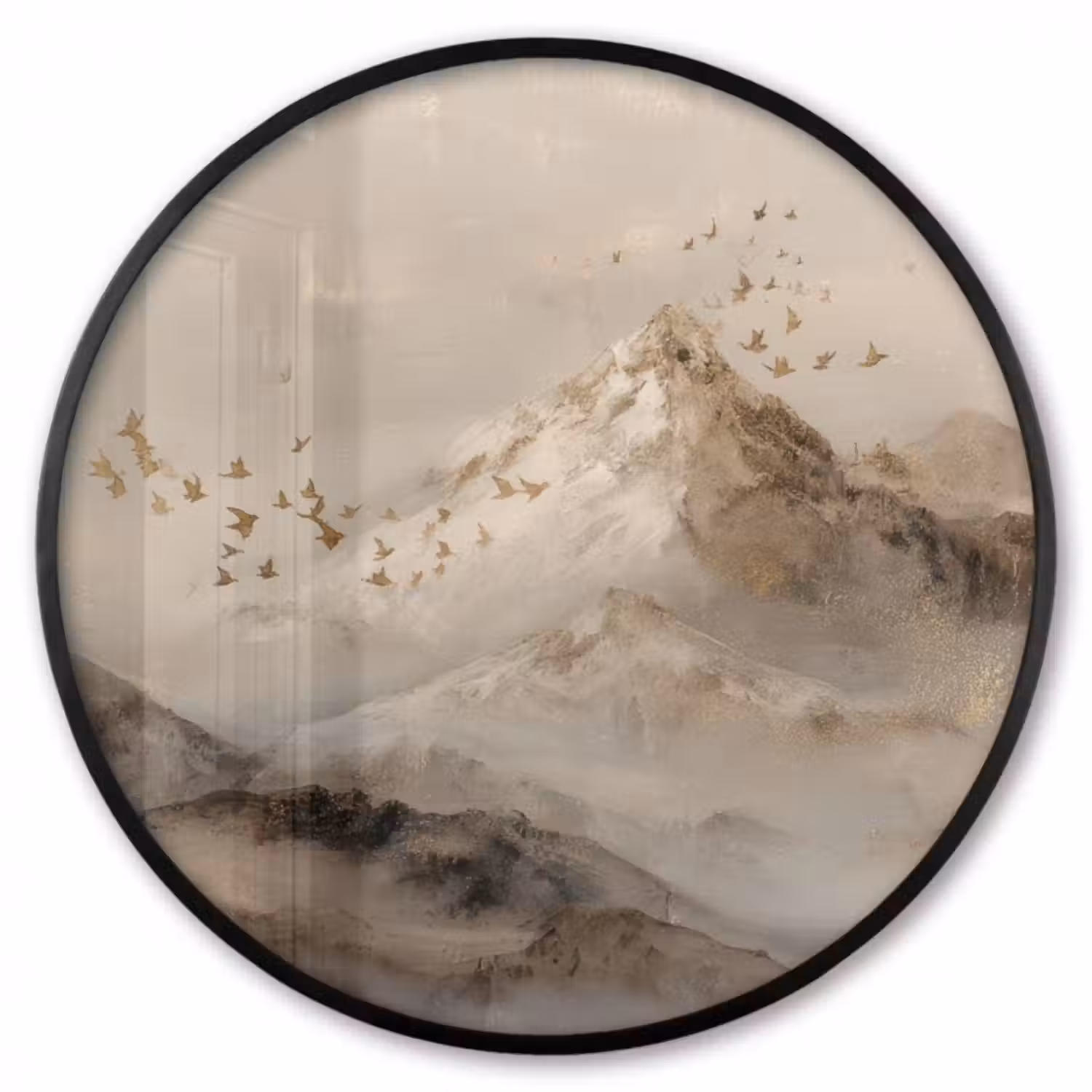 Poster im Rahmen Rund - Berglandschaft - Nebel - Pinselstriche