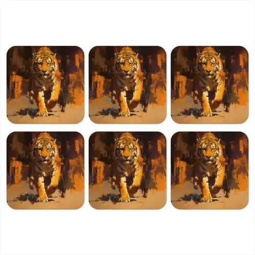 Tijger - Geschilderd - Oranje - Penseelstreken onderzetter kurk middel -3d