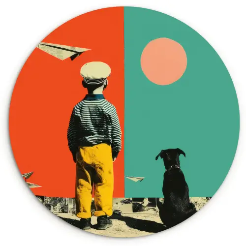 Retro - Jongen - Hond - Rood - Groen Wandcirkel kunststof plaat 5mm dik klein -3d
