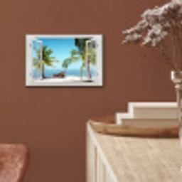 Doorkijk - Strand - Palmboom - Boot - Tropisch - Zee - Blauw aluminium wit klein -sfeer4