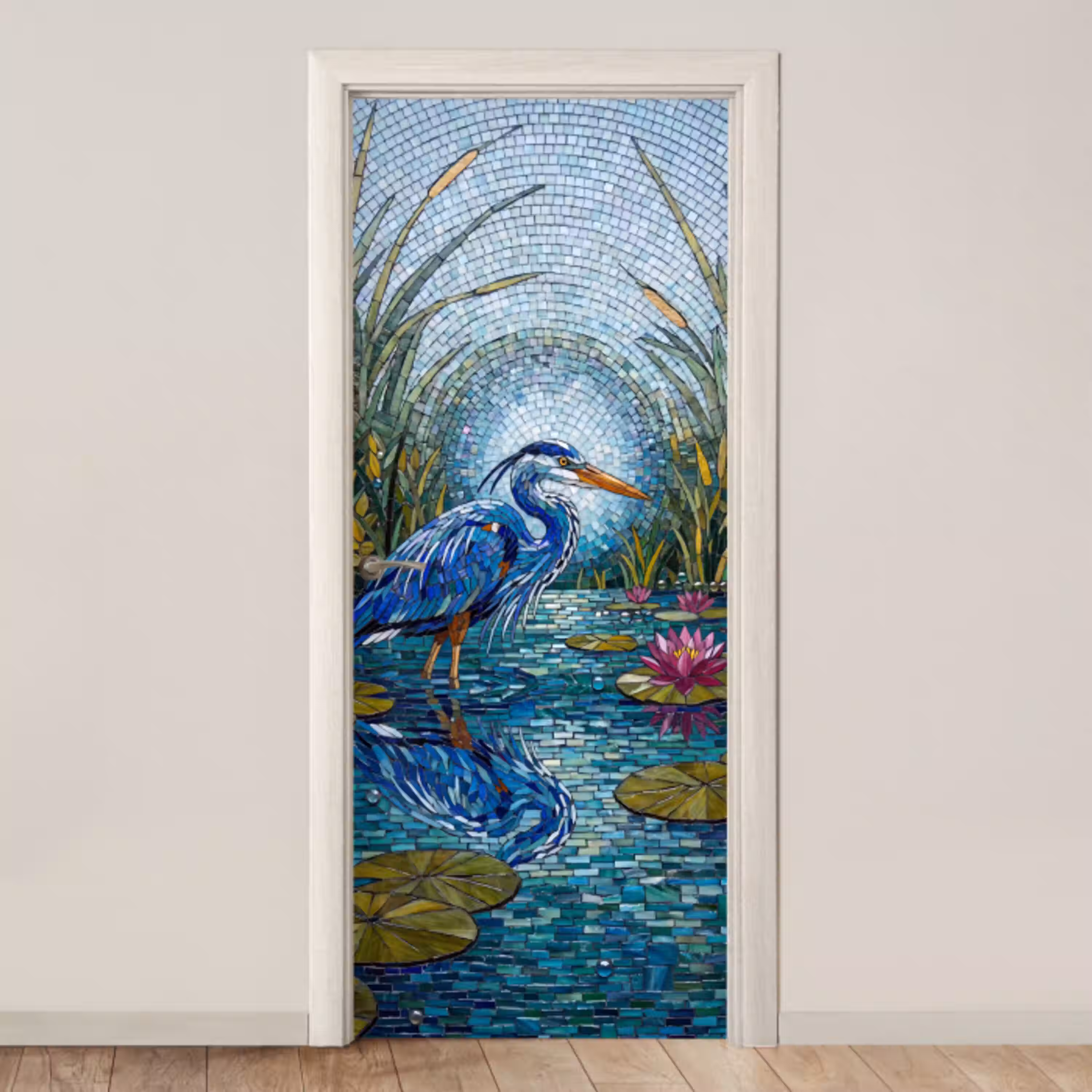 Vogel - Water - Natuur - Abstract - Blauw deurposter klein -3d_beige