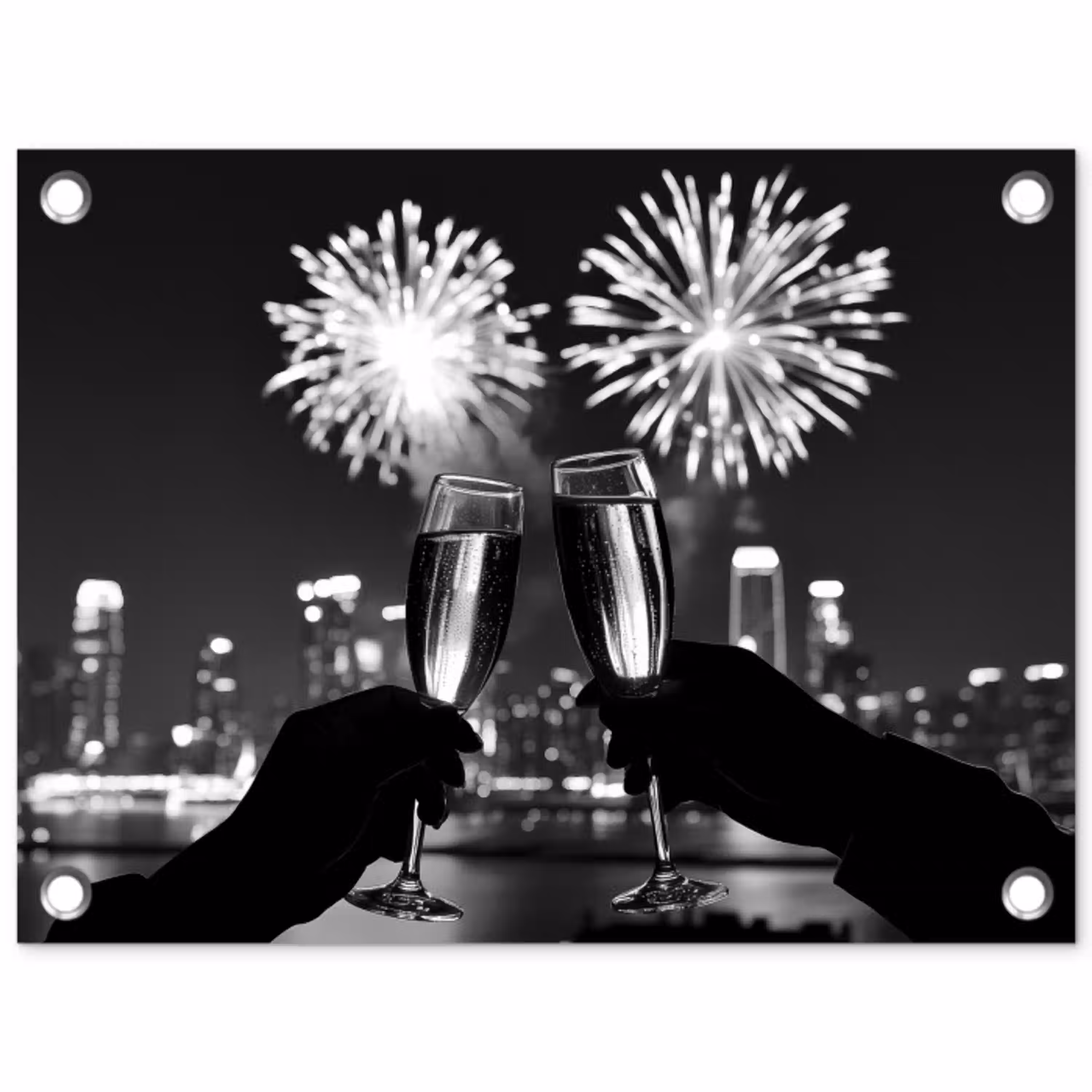 Vuurwerk - Proosten - Skyline - Champagne tuinposter los doek klein -3d