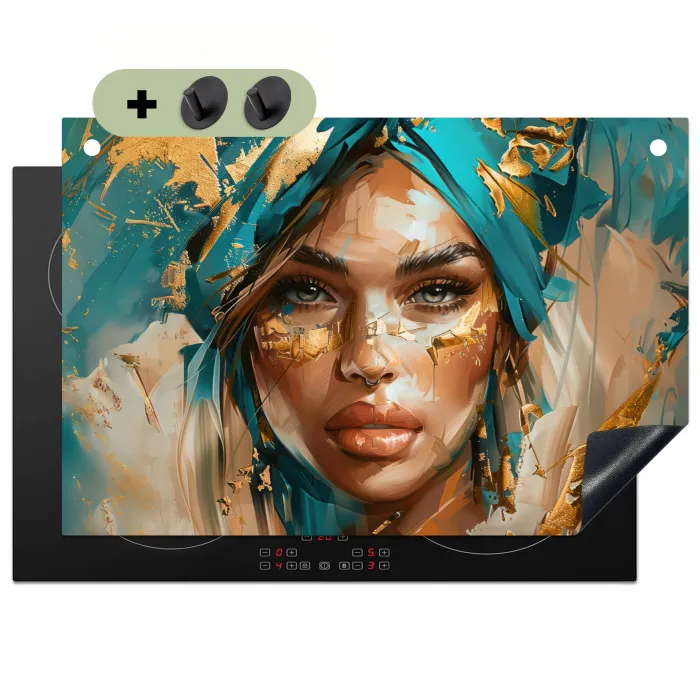 Vrouw - Portret - Goud - Luxe - Blauw Inductie beschemer met haakjes klein -3d