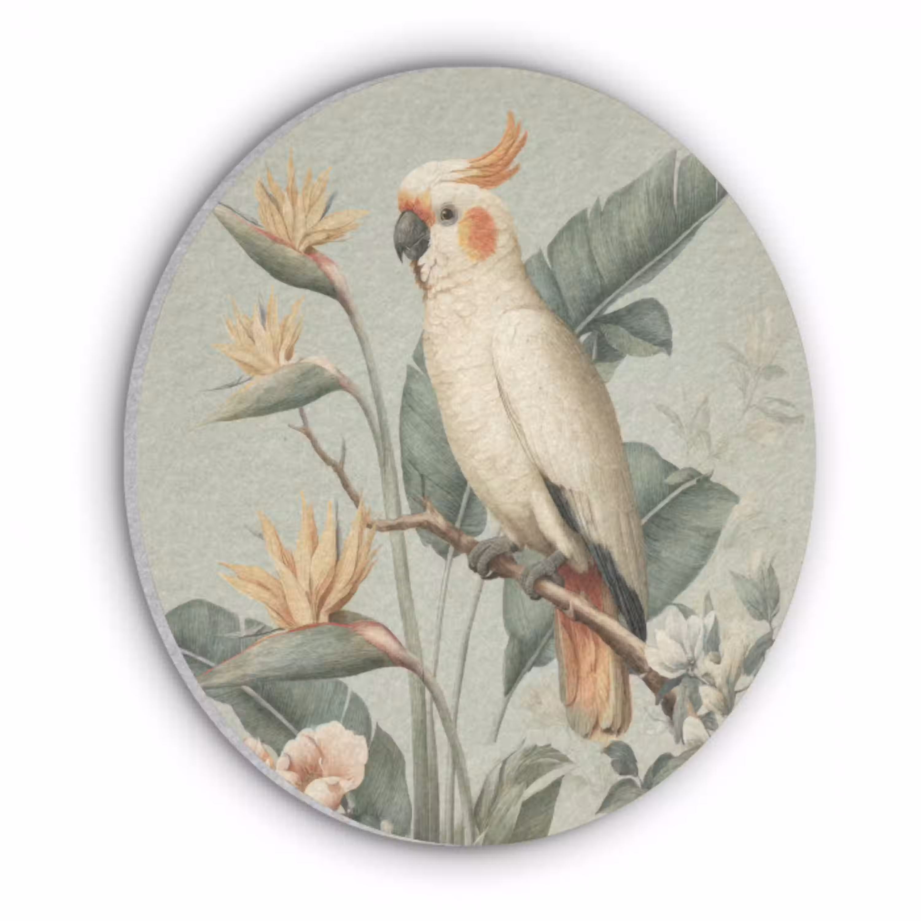 Gele kuifkaketoe - paradijsvogelbloemen - Groen Akoestische PET Vilt - Rond klein -3d