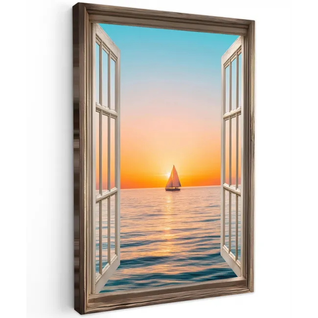 Doorkijk - Zee - Boot - Zonsondergang Tuinposter op houten frame 2 cm dik klein -3d