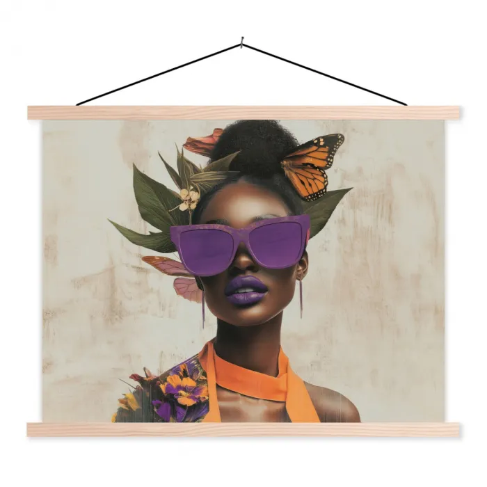 Vrouw - Zonnebril - Vlinder - Bloemen textielposter latten blank klein -3d