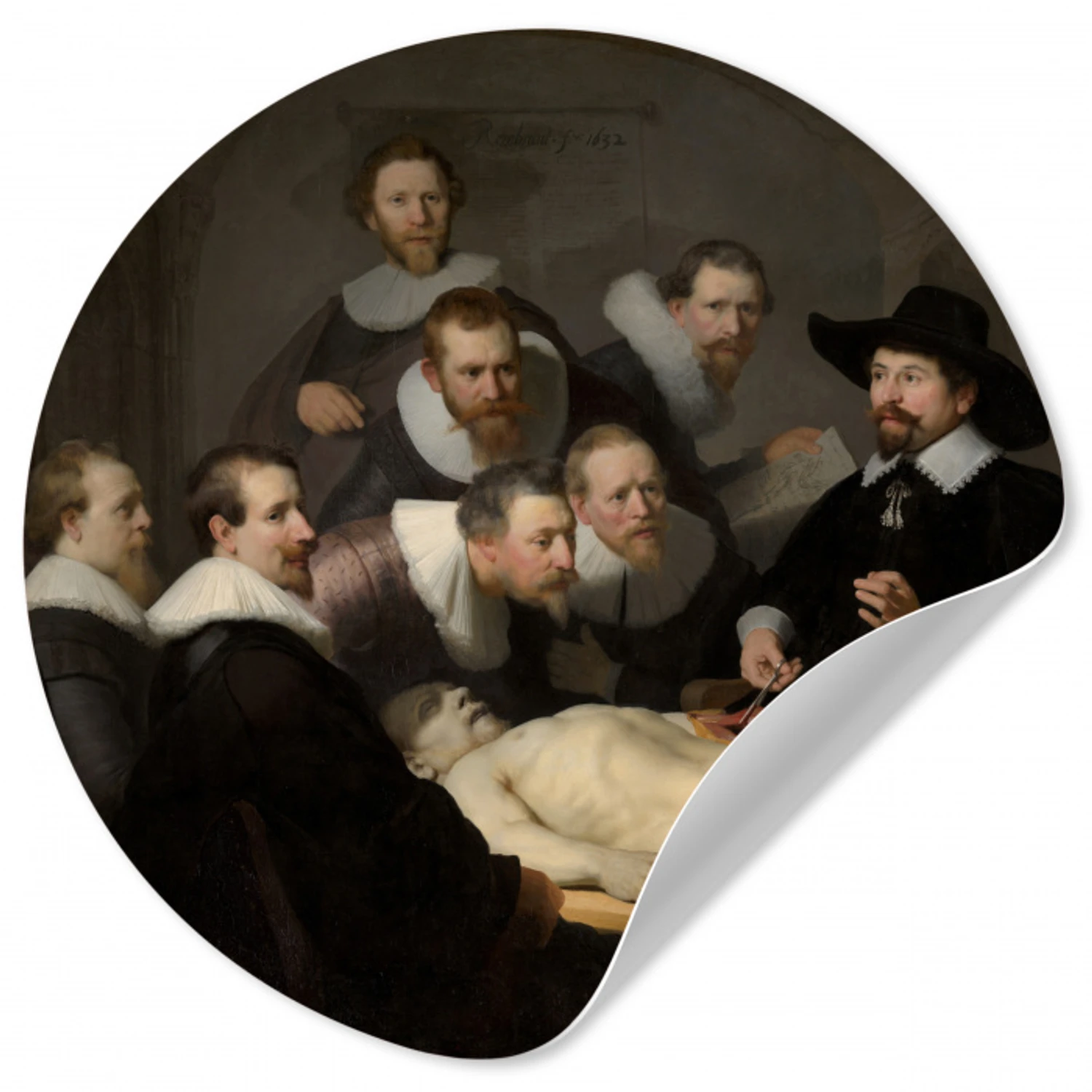 De anatomische les van Dr. Nicolaes Tulp - Schilderij van Rembrandt van Rijn Wandcirkel behangsticker klein -3d