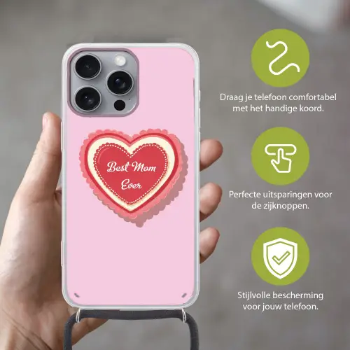 Tekst - Hartje - Moeder - Roze Hoesje iPhone 16 Pro Max met koord klein -sfeer2_NL