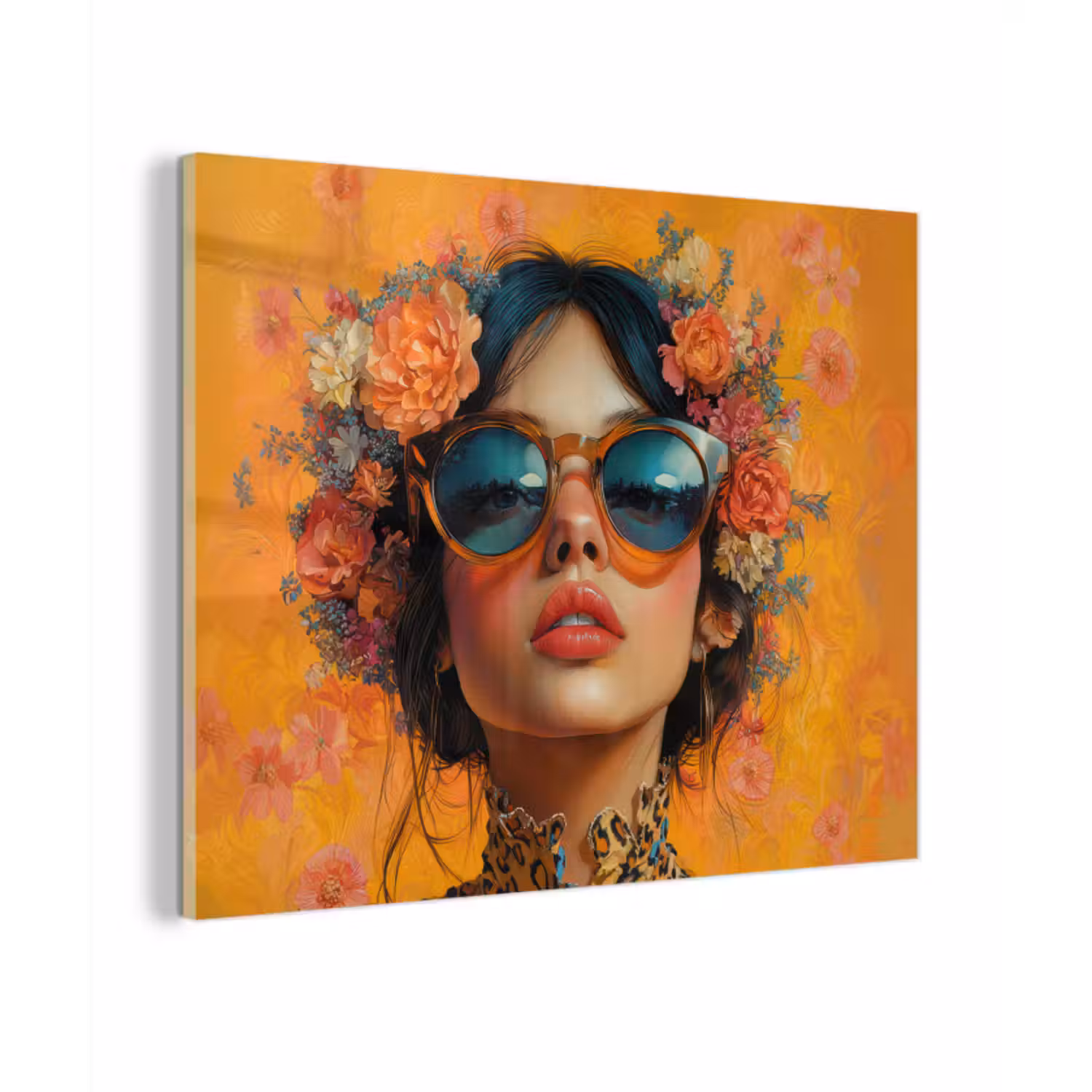 Glas schilderij - Vrouw - Bloemen - Aesthetic - Oranje